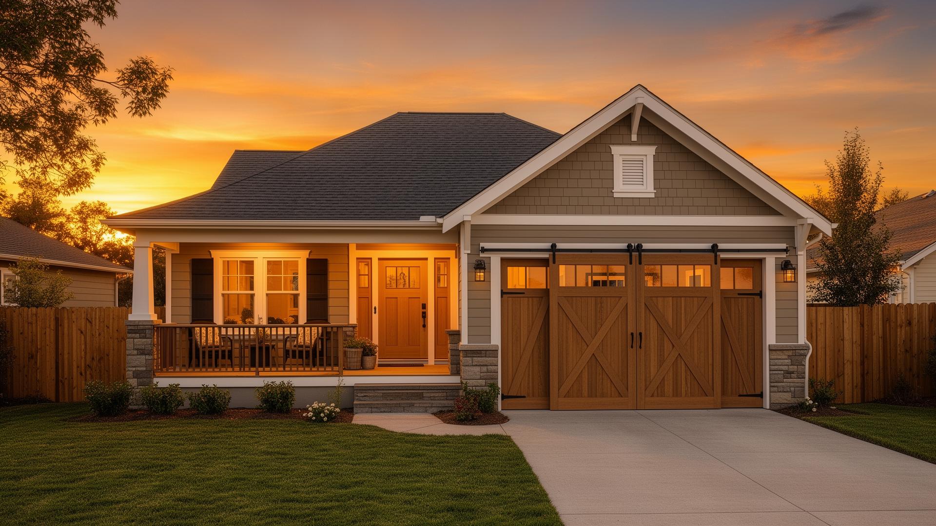 Beautiful craftsman home with farmhouse barn-style sliding garage doors featuring X-pattern design at golden hour